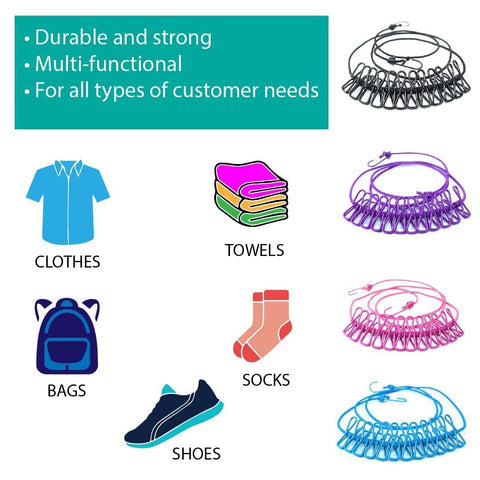 Cloth Drying Rope with 12 clips + FREE Travel Shoe Bags